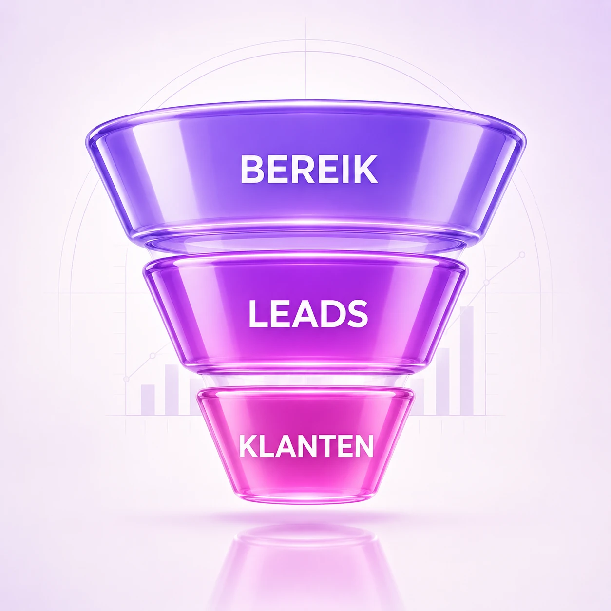 3D-render van een marketing-funnel: van breed publiek naar gerichte leads